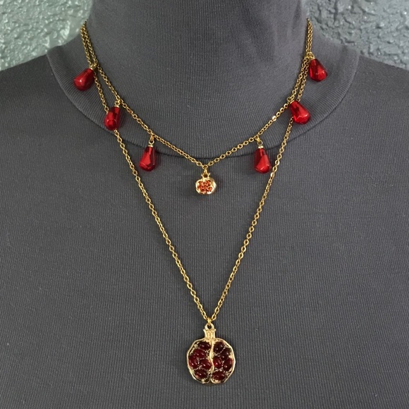 Persephone Greek Goddess Pomegranates and Seeds Handmade 2-Layer Gold Necklace - Picture 7 of 15